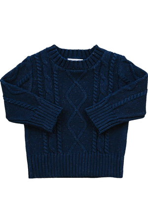 Navy cable knit sweater made from 100% cotton, featuring ribbed cuffs and a classic design. Suitable for children.