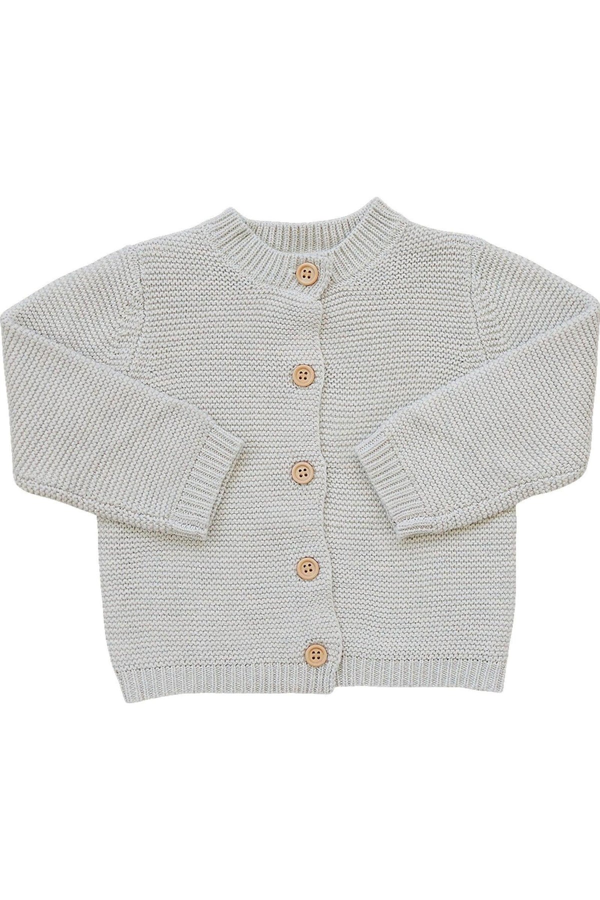Light grey knit cardigan with wooden buttons, featuring long sleeves and a round neckline, made from 100% cotton.