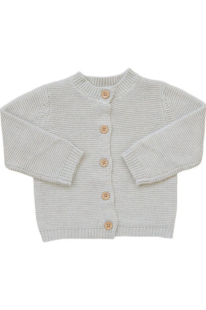 Light grey knit cardigan with wooden buttons, featuring long sleeves and a round neckline, made from 100% cotton.