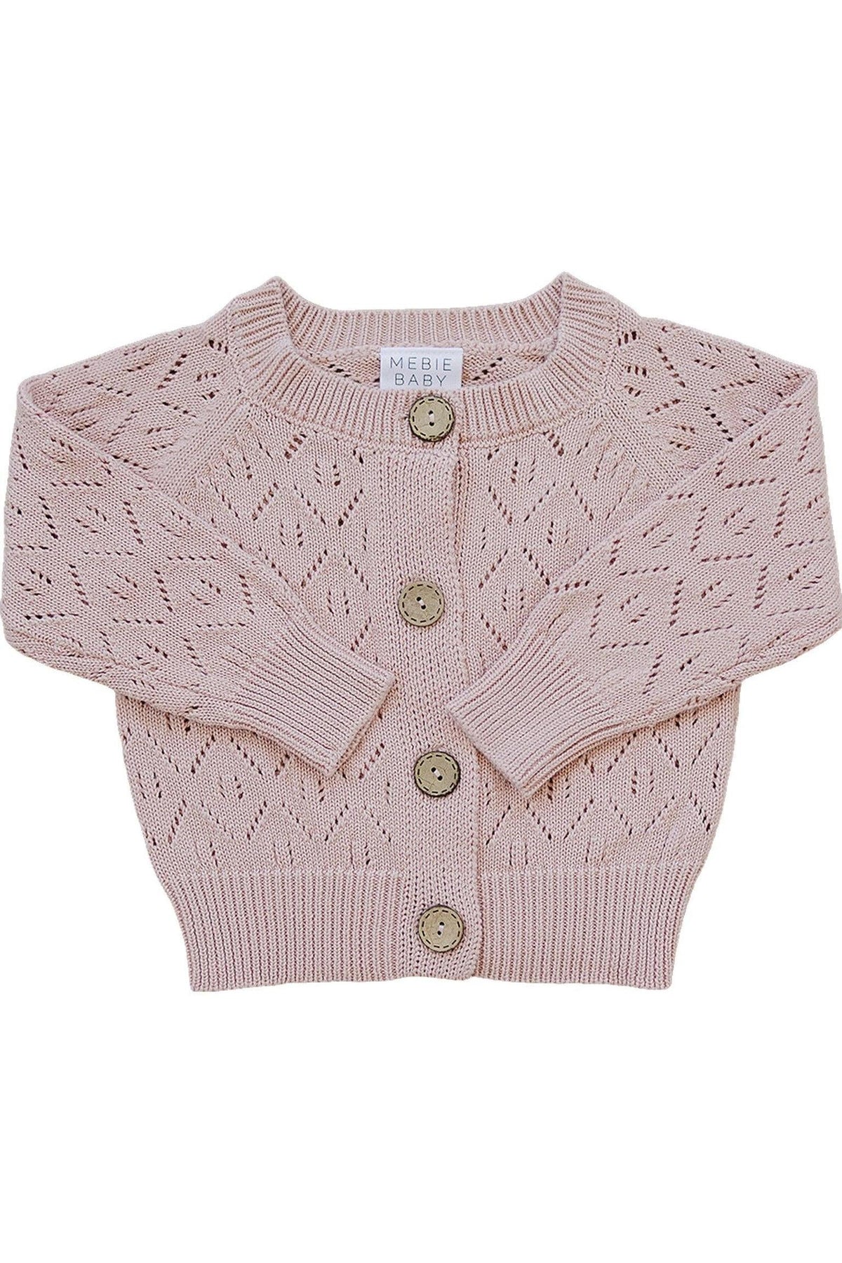 Pink pointelle button-down cardigan with three buttons, made of soft cotton, designed for infants.