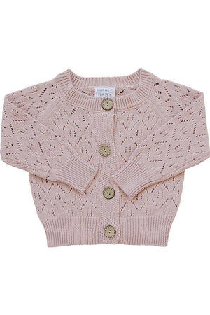 Pink pointelle button-down cardigan with three buttons, made of soft cotton, designed for infants.