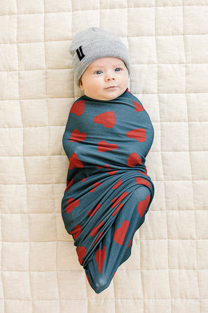 Navy + Red Hearts Stretch Swaddle Blanket | Bamboo | Baby Essentials