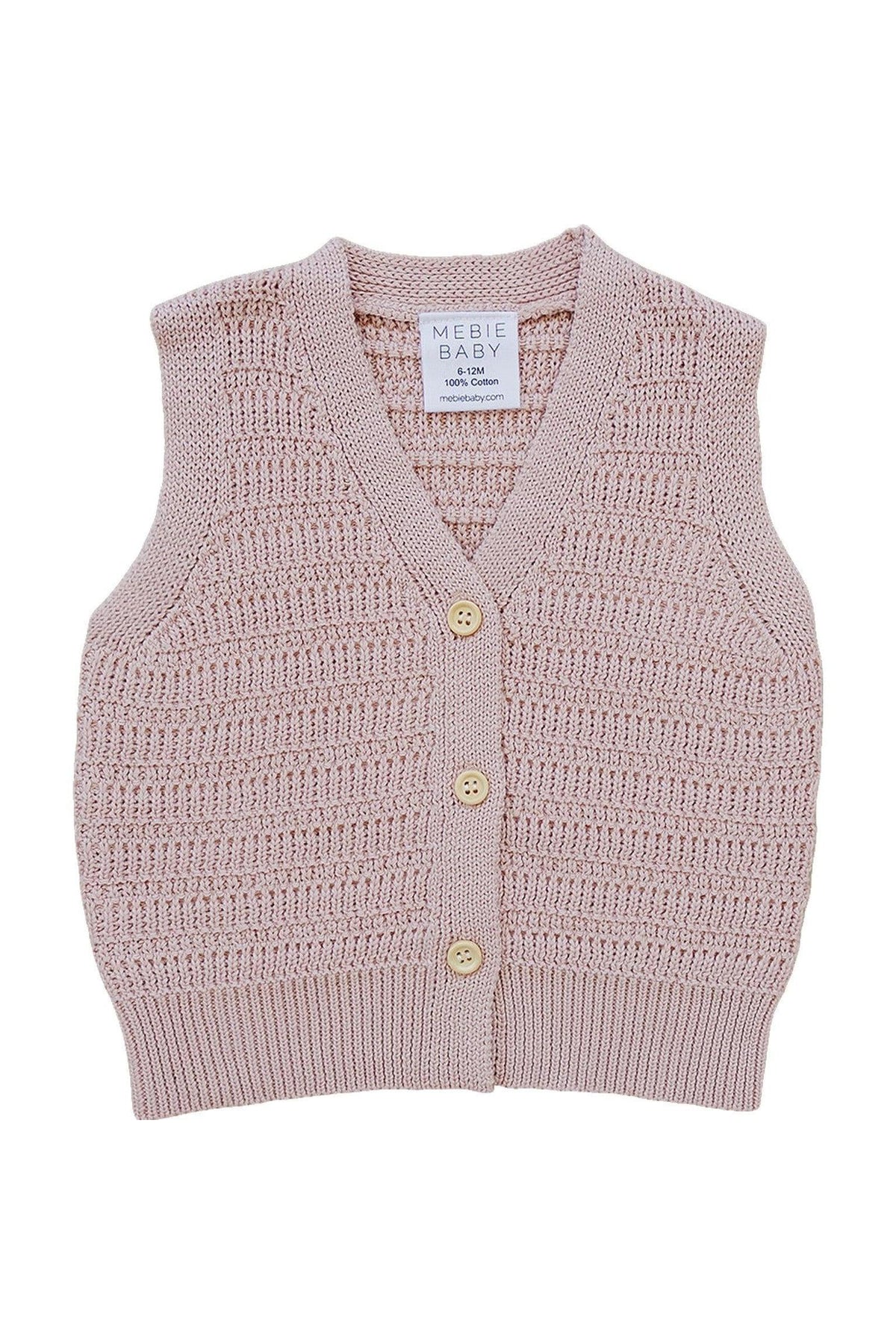Pink knit button-down vest made of 100% cotton with wooden buttons, labeled Mebie Baby for sizes 6-12M.