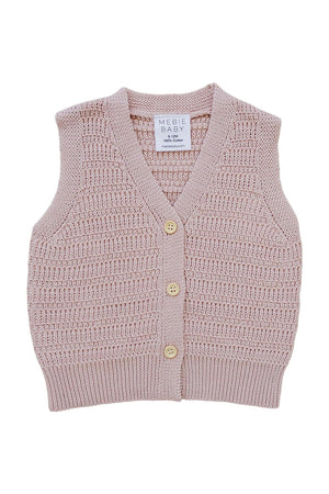 Pink knit button-down vest made of 100% cotton with wooden buttons, labeled Mebie Baby for sizes 6-12M.