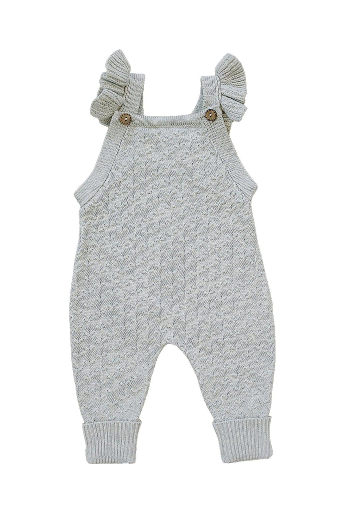 Grey knit baby overalls with ruffle straps and button details, made from 100% cotton fabric.