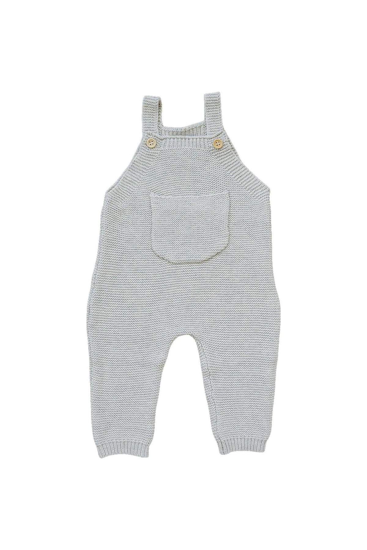 Grey knit baby overalls with a front pocket and buttoned straps, made from soft, breathable cotton.