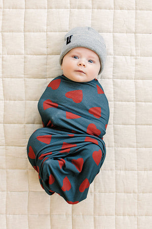 Navy + Red Hearts Stretch Swaddle Blanket | Bamboo | Baby Essentials