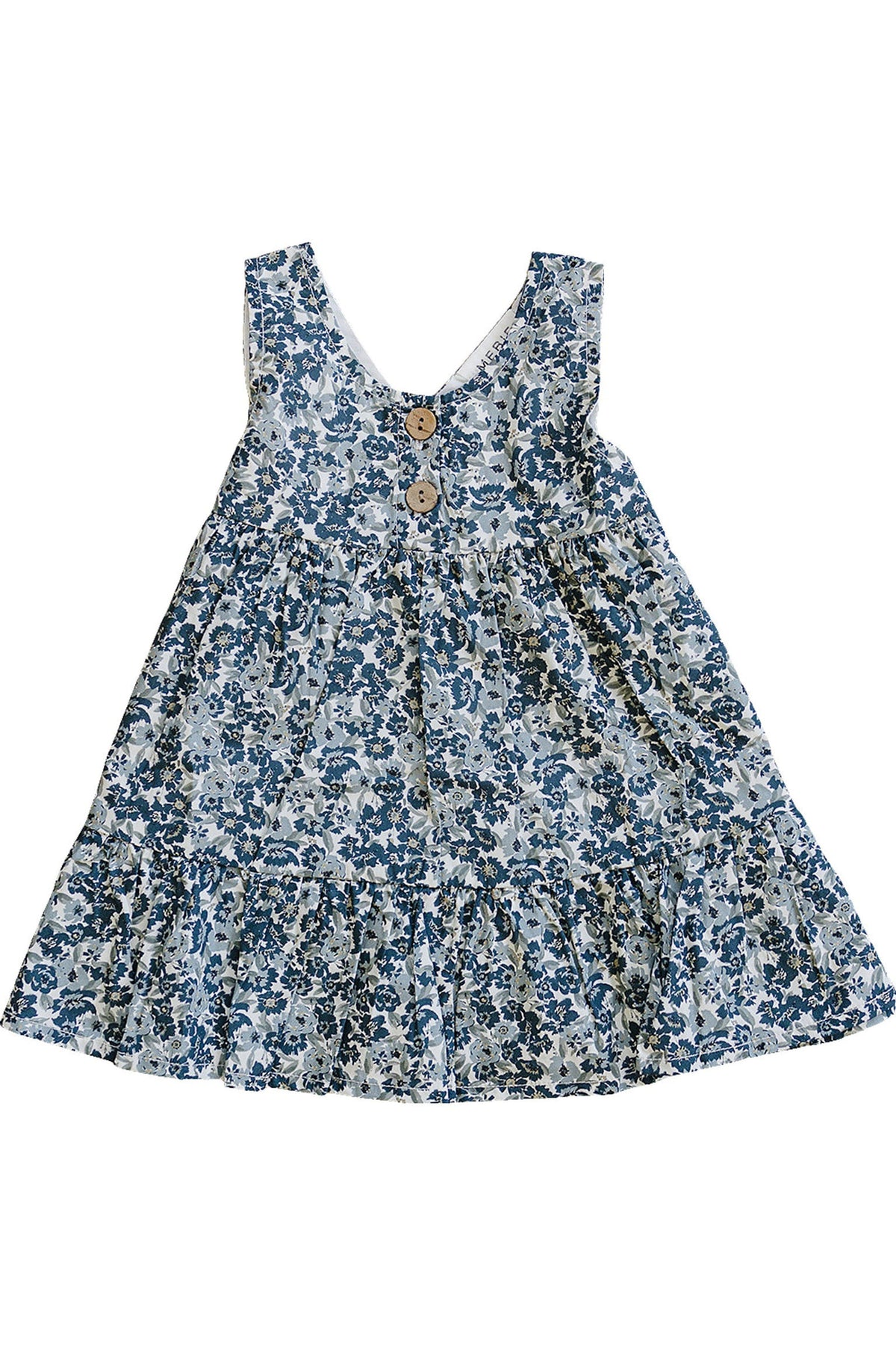 A floral tank dress featuring a blue and white print, made from 100% cotton. The dress has a tiered skirt and two wooden buttons at the back.
