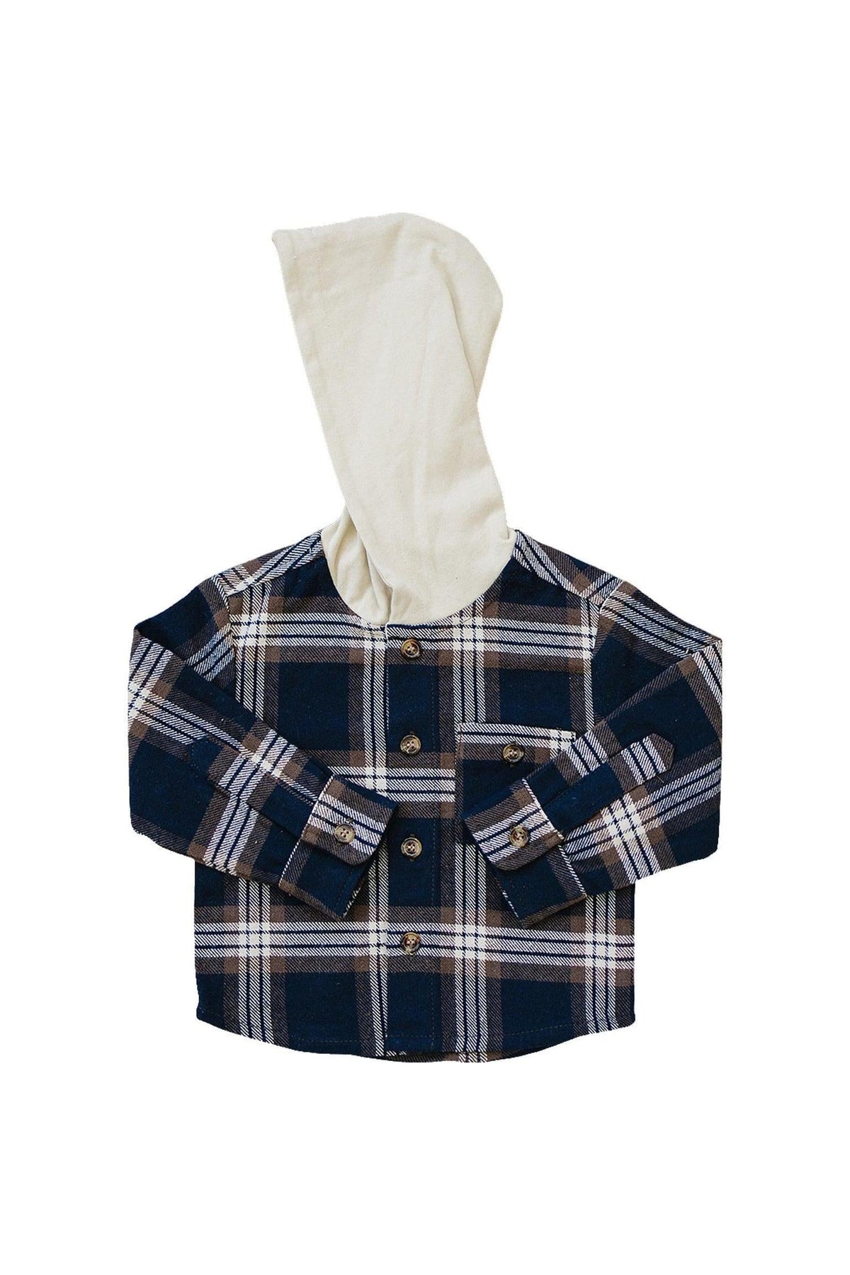 Plaid hooded button-up shirt in navy and brown with cream hood, designed for babies and toddlers. Made of cotton.