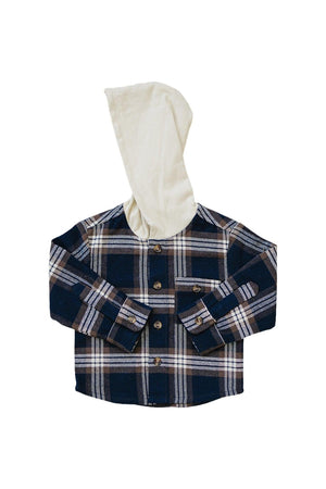 Plaid hooded button-up shirt in navy and brown with cream hood, designed for babies and toddlers. Made of cotton.