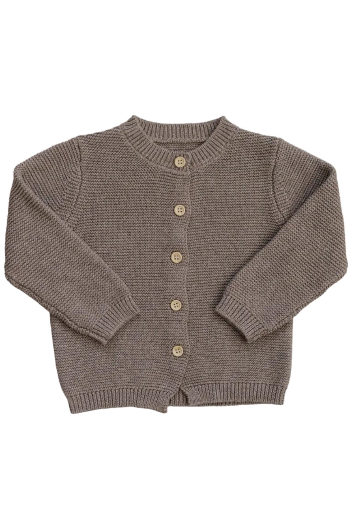 A cozy brown knit cardigan featuring a button-down front and ribbed cuffs. Made from soft cotton, this sustainable piece is perfect for babies and kids, adding warmth to any outfit.