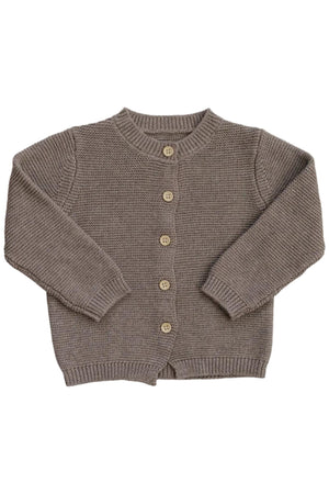 A cozy brown knit cardigan featuring a button-down front and ribbed cuffs. Made from soft cotton, this sustainable piece is perfect for babies and kids, adding warmth to any outfit.