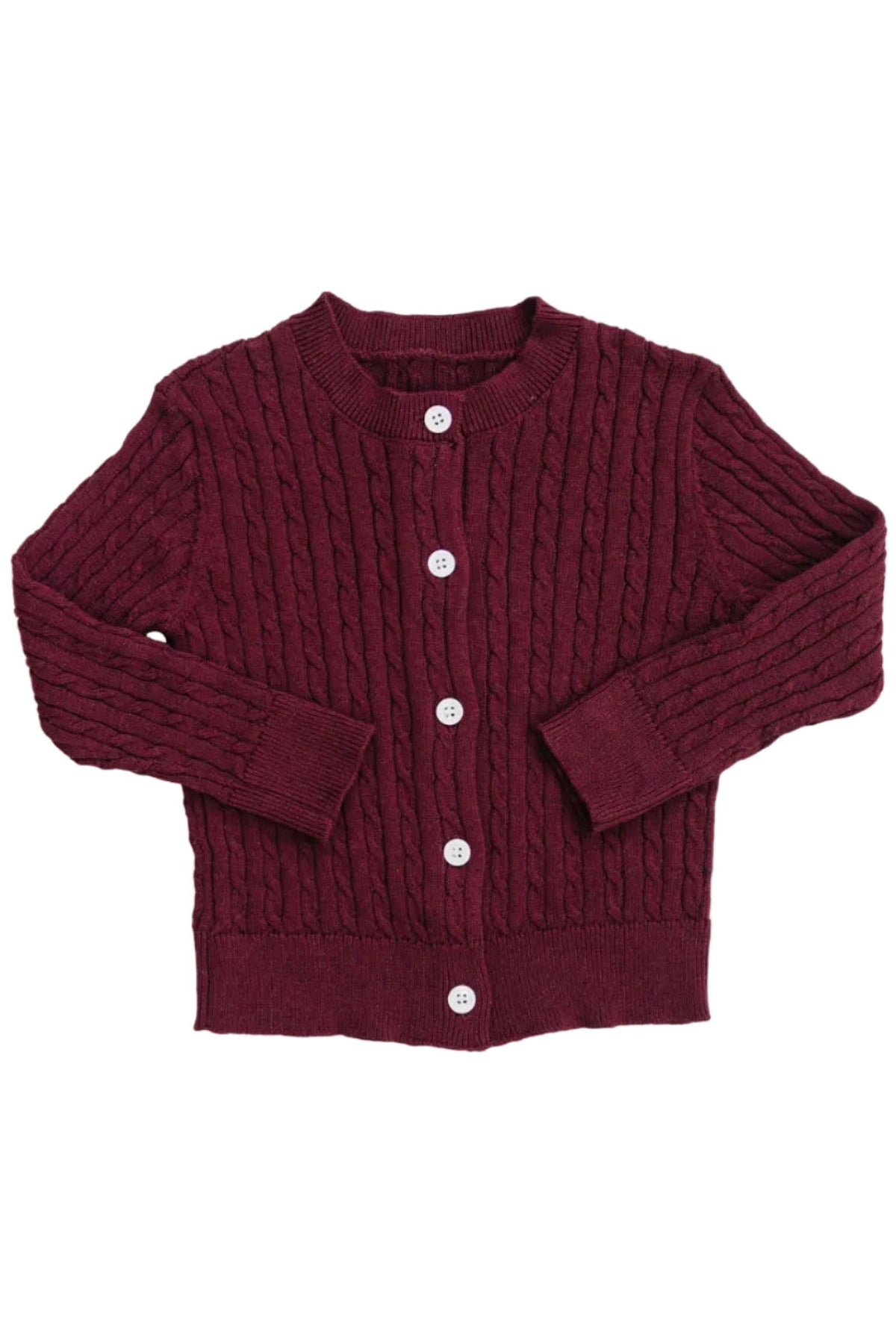 Burgundy cable knit cardigan featuring a classic design with a button-up front and ribbed cuffs. Made from soft cotton, its perfect for kids and offers cozy, breathable comfort.
