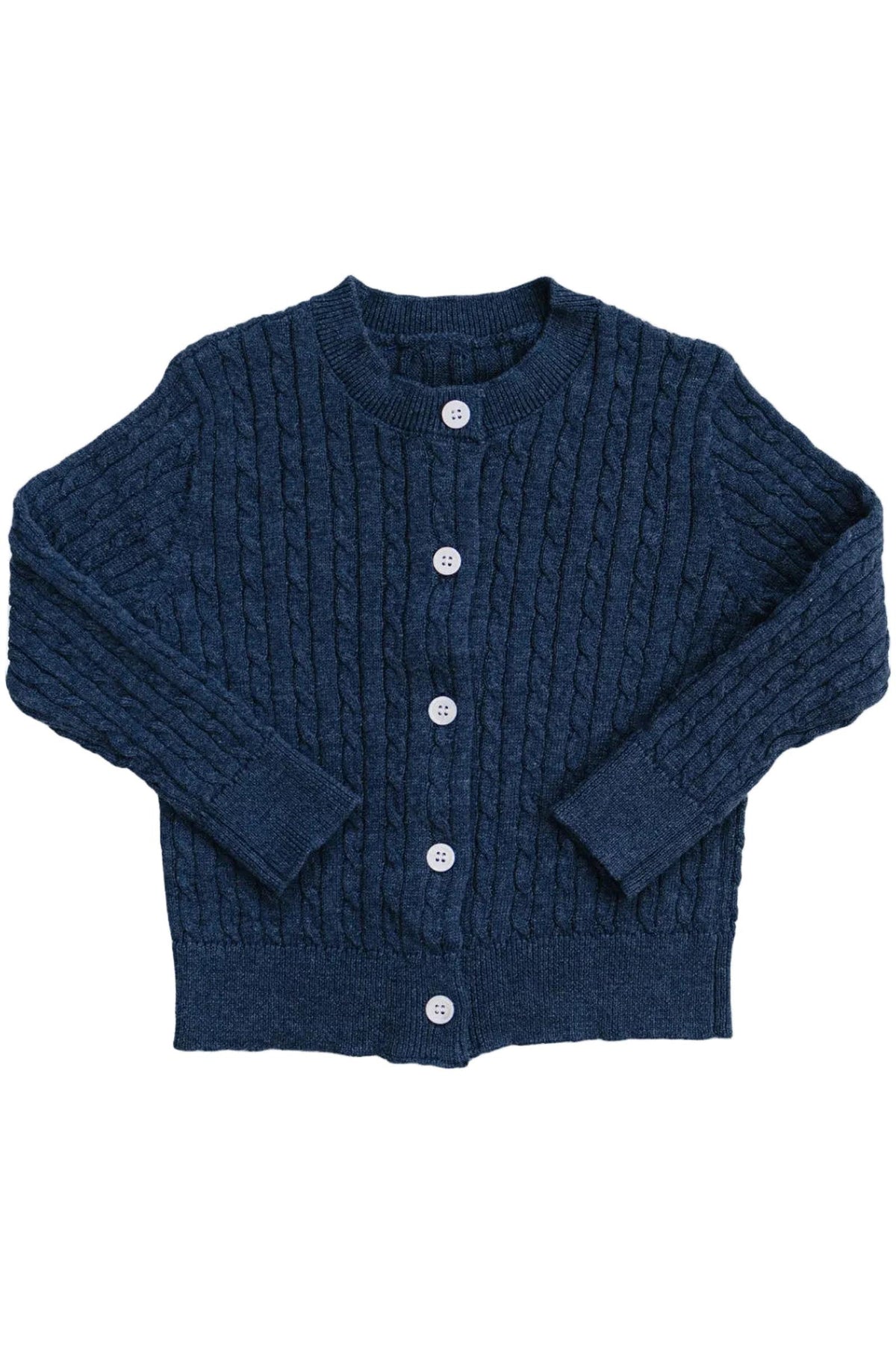 Navy blue cable knit cardigan featuring a classic design, made from soft cotton. Ideal for babies and kids, it provides comfortable warmth for everyday wear and special occasions.