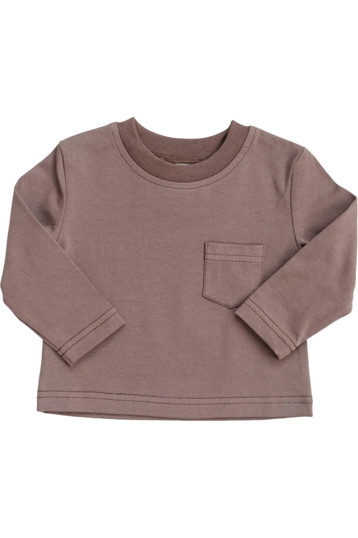 Light brown long sleeve cotton t-shirt featuring a small chest pocket. This soft, breathable top is perfect for everyday wear for babies and kids, offering comfort and style.