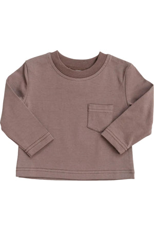Light brown long sleeve cotton t-shirt featuring a small chest pocket. This soft, breathable top is perfect for everyday wear for babies and kids, offering comfort and style.