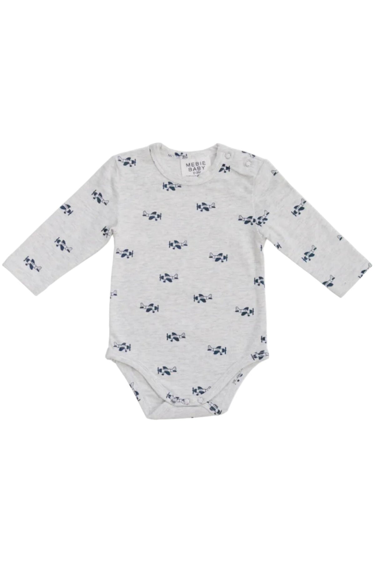 Light gray cotton bodysuit featuring a playful airplane print in navy blue. Designed for babies, it combines comfort and style, perfect for everyday wear and adventures.