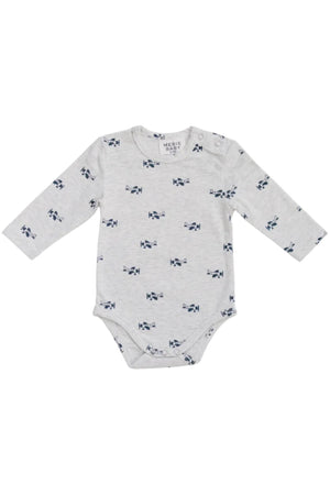 Light gray cotton bodysuit featuring a playful airplane print in navy blue. Designed for babies, it combines comfort and style, perfect for everyday wear and adventures.