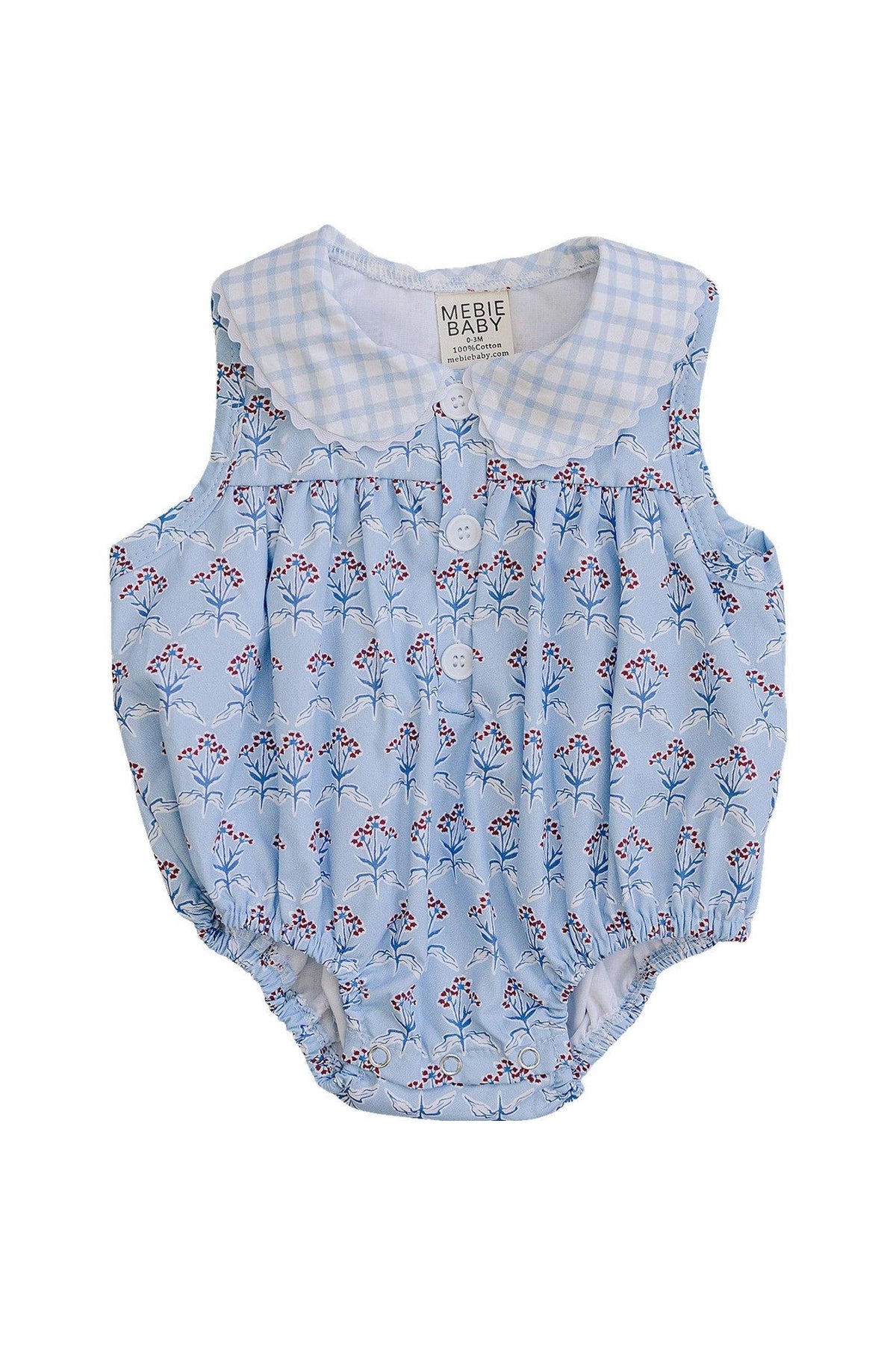 Light blue bubble romper featuring a gingham collar and delicate red floral patterns. Made by Mebie Baby, this soft, breathable romper is perfect for sunny days and playful adventures.