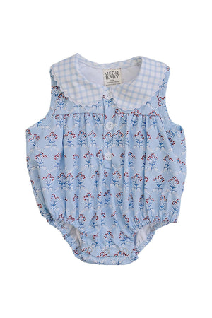 Light blue bubble romper featuring a gingham collar and delicate red floral patterns. Made by Mebie Baby, this soft, breathable romper is perfect for sunny days and playful adventures.