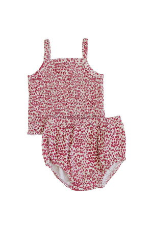 A pink and white ruched cotton bloomers set for baby girls, featuring delicate floral patterns and adjustable straps.