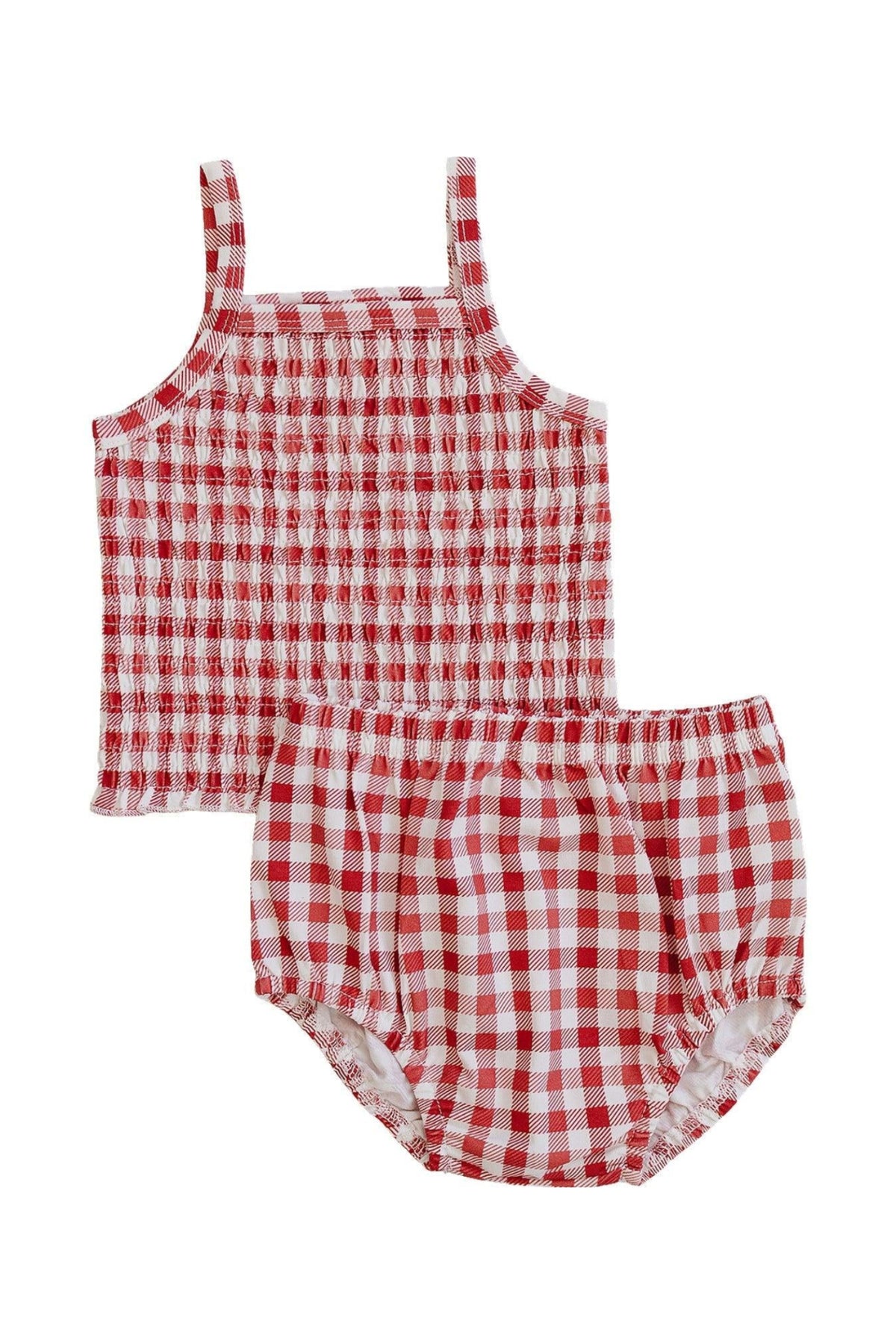 A red and white gingham bloomer set featuring a smocked tank top and matching bloomers, made from soft cotton fabric.