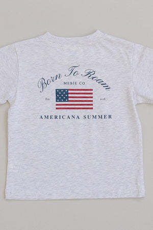 Gray cotton t-shirt for kids featuring Born to Roam text and American flag graphic on the back.
