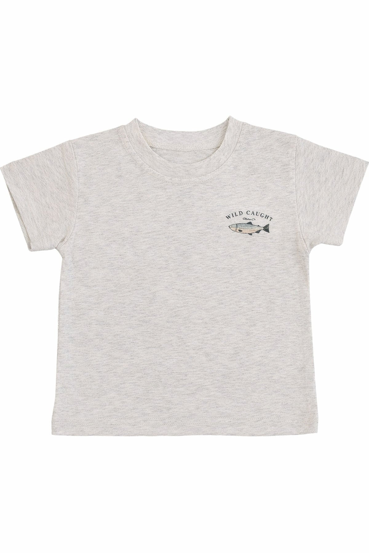 Gray cotton t-shirt with Wild Caught text and fish graphic on the chest. Made for babies and kids.