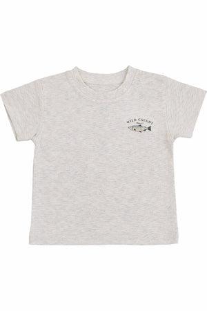 Gray cotton t-shirt with Wild Caught text and fish graphic on the chest. Made for babies and kids.
