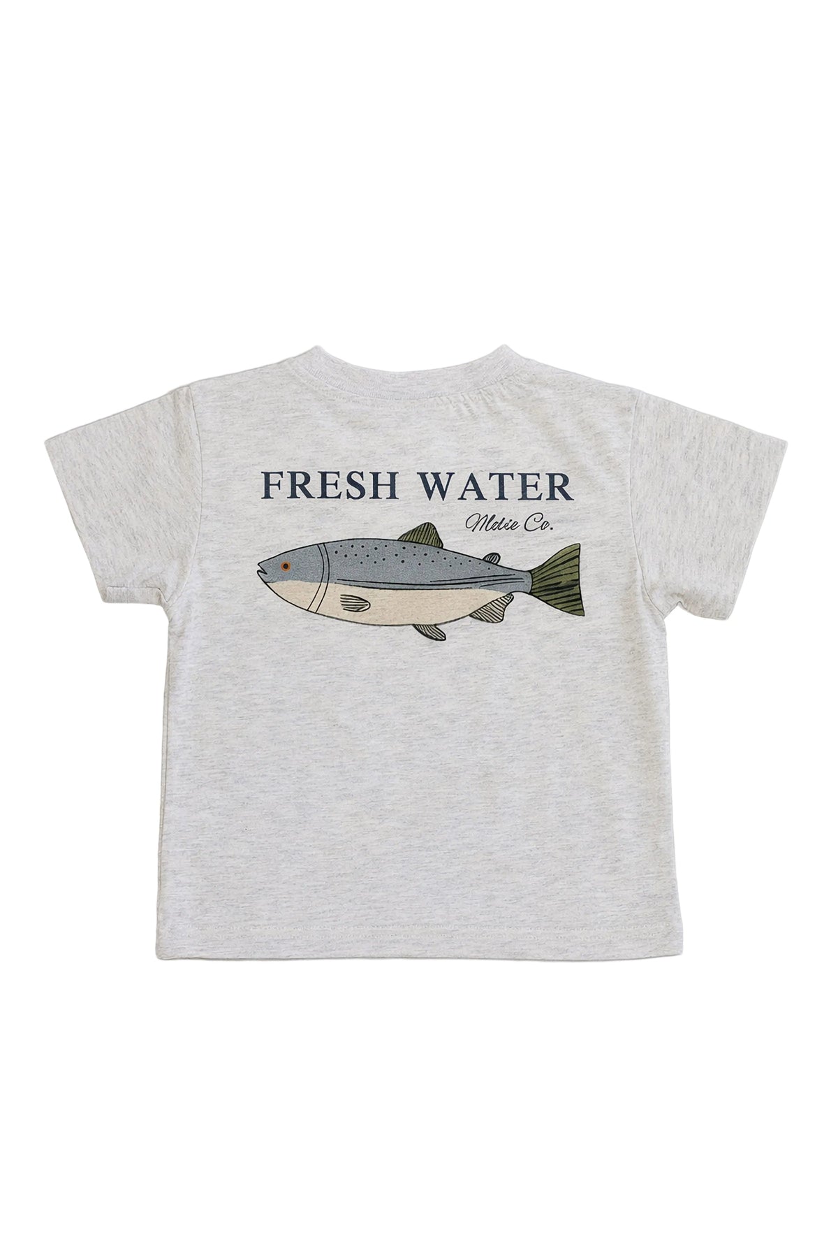 Gray cotton T-shirt featuring a fish graphic and Fresh Water text, suitable for kids. Eco-friendly and soft.