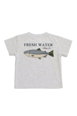 Gray cotton T-shirt featuring a fish graphic and Fresh Water text, suitable for kids. Eco-friendly and soft.