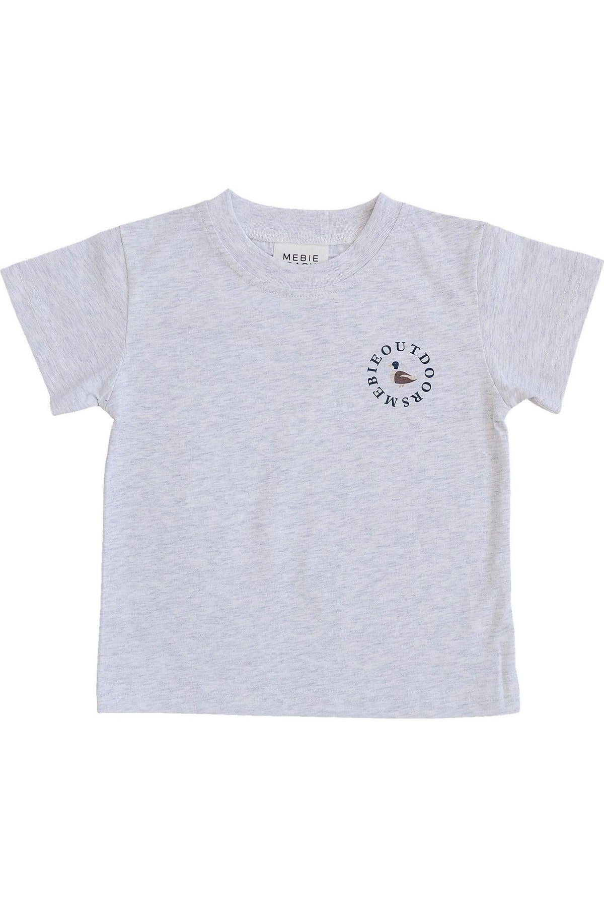 Light gray cotton T-shirt with a small duck graphic and Mebie Outdoors text on the front.