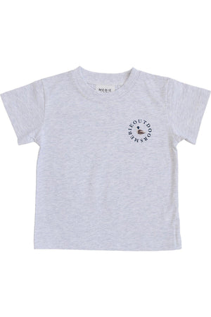 Light gray cotton T-shirt with a small duck graphic and Mebie Outdoors text on the front.