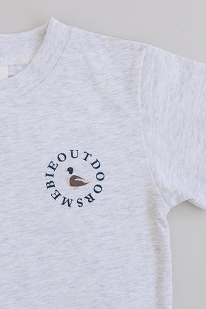 White cotton T-shirt with a duck graphic and Mebie Outdoors text in a circular design.