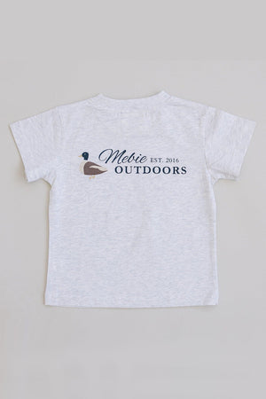 Gray cotton T-shirt featuring Mebie Outdoors text and a duck graphic on the back. Suitable for children.