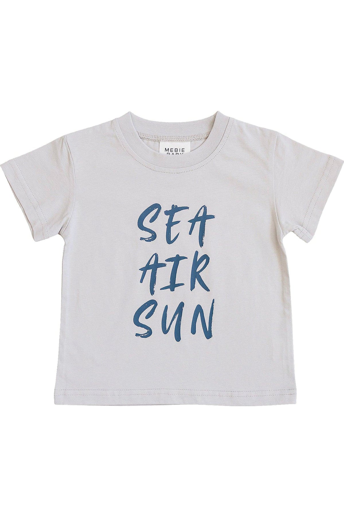 Light gray cotton t-shirt featuring the playful text SEA AIR SUN in navy blue, designed for children’s comfort and style.