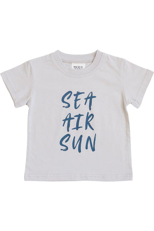 Light gray cotton t-shirt featuring the playful text SEA AIR SUN in navy blue, designed for children’s comfort and style.