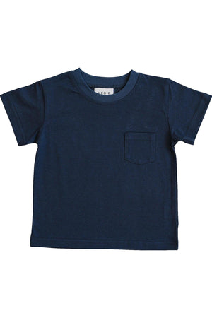 Navy cotton t-shirt featuring a classic chest pocket, designed for children with a soft, breathable fabric. Ideal for everyday wear.