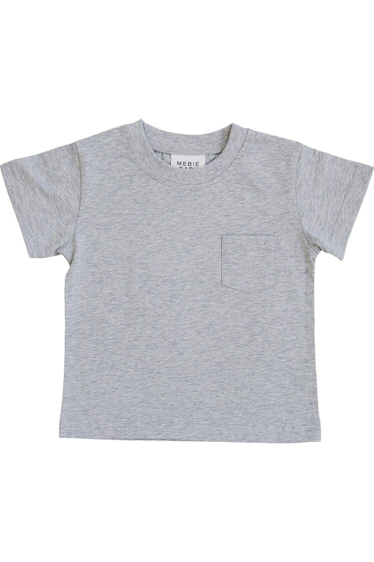 A light grey cotton t-shirt with short sleeves and a chest pocket, featuring a relaxed fit for infants and toddlers.