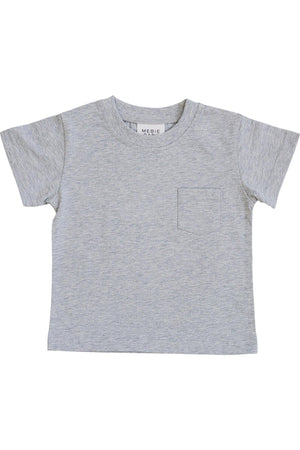 A light grey cotton t-shirt with short sleeves and a chest pocket, featuring a relaxed fit for infants and toddlers.
