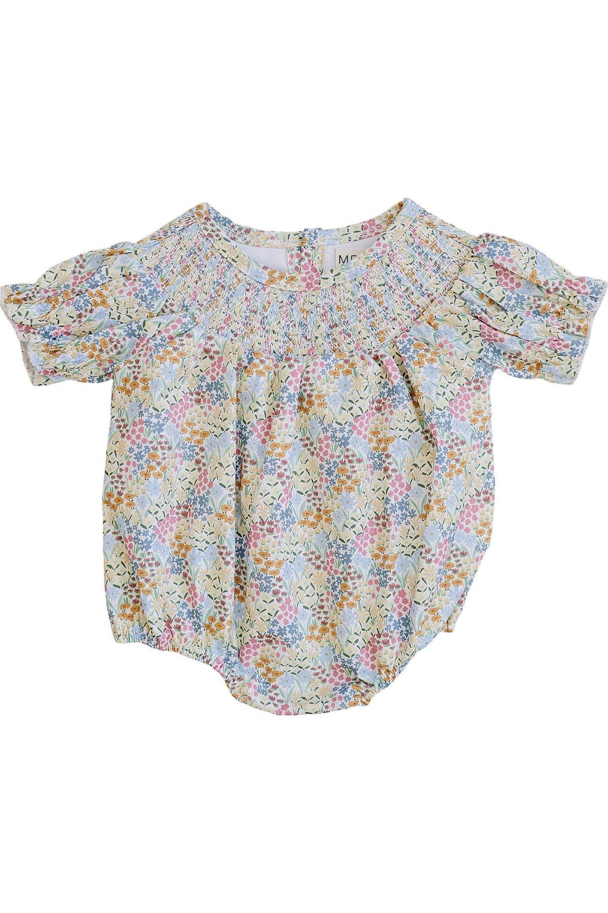 Lightly gathered baby romper with a floral print in pastel colors, featuring puff sleeves and a smocked neckline.
