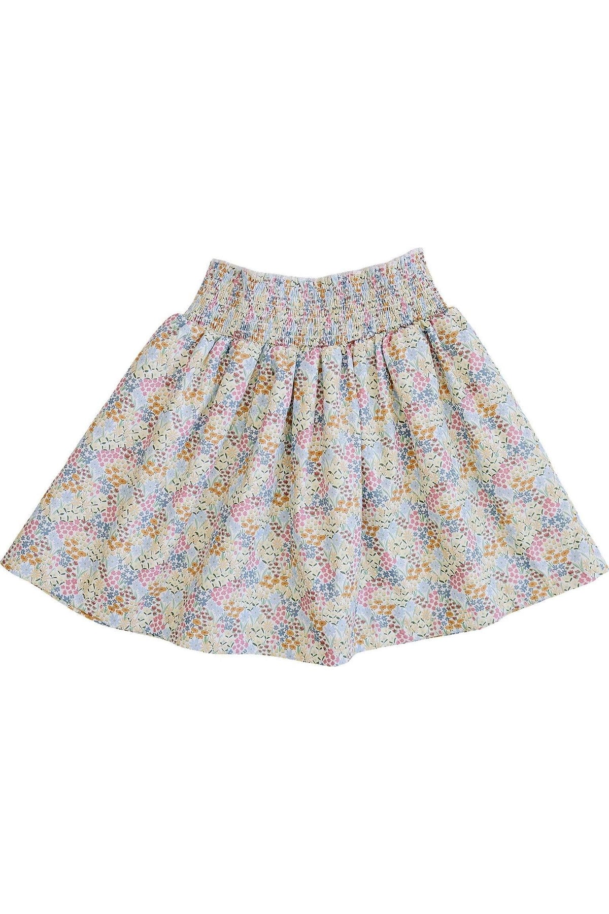 A colorful, floral-patterned skirt with a smocked waist, designed for comfort and play. Ideal for toddlers and young children.