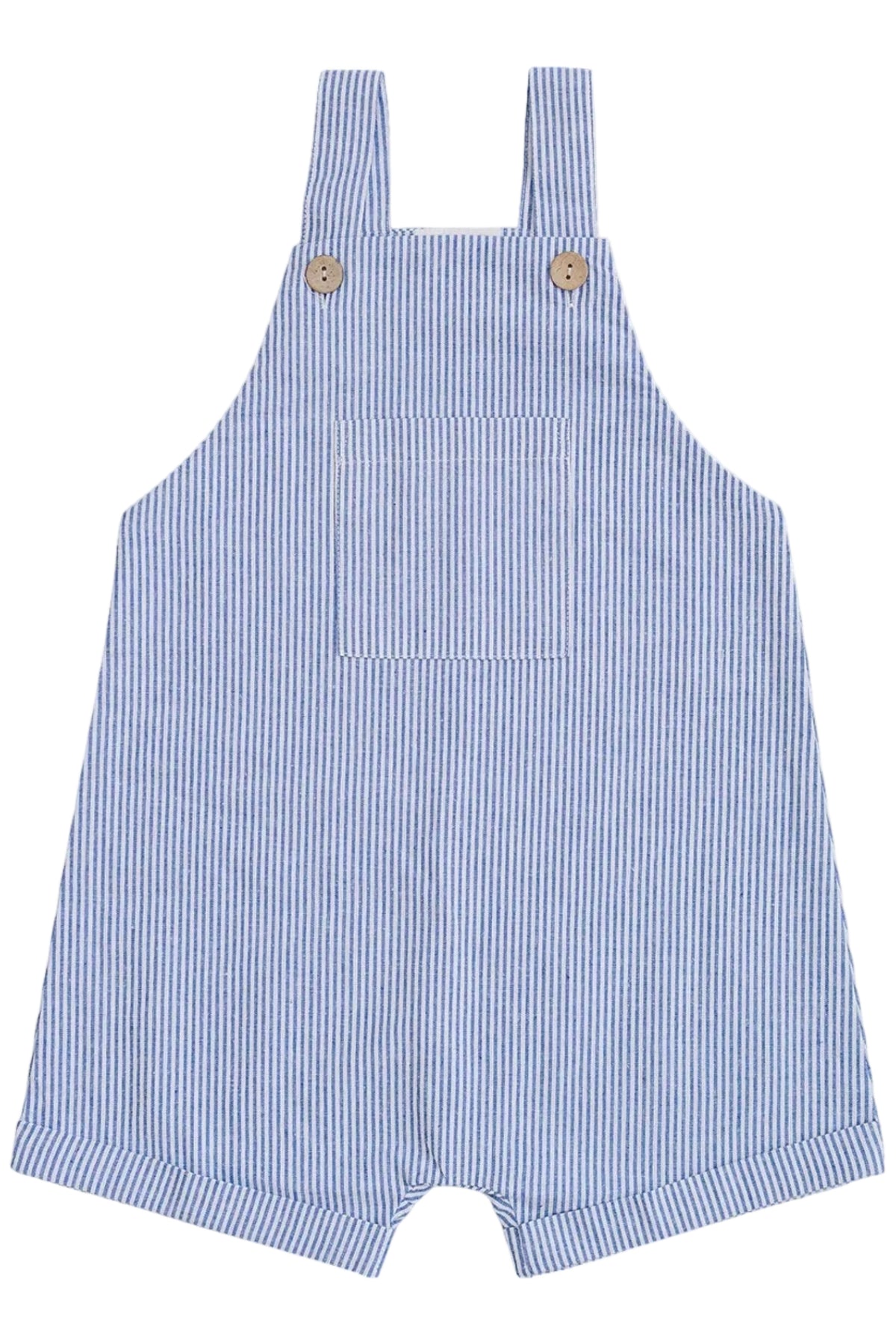 Blue and white striped short overalls featuring adjustable straps and a front pocket, made from a soft cotton-linen blend.