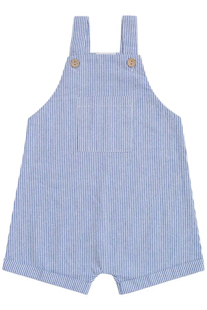 Blue and white striped short overalls featuring adjustable straps and a front pocket, made from a soft cotton-linen blend.