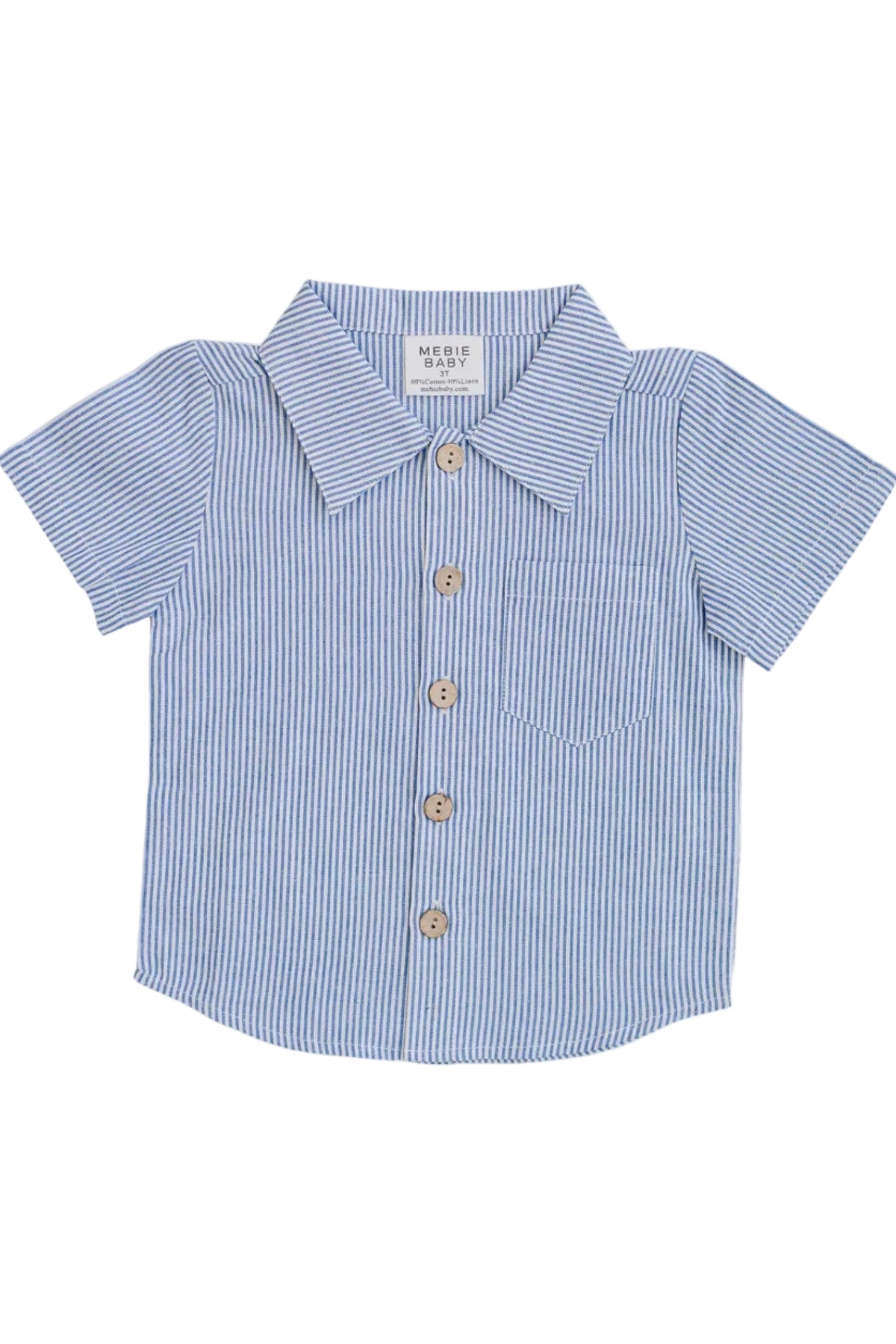 A short-sleeved blue striped button-up shirt featuring a classic collar and a chest pocket. Made from soft, comfortable cotton, its perfect for toddlers and kids.