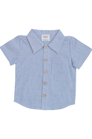 A short-sleeved blue striped button-up shirt featuring a classic collar and a chest pocket. Made from soft, comfortable cotton, its perfect for toddlers and kids.