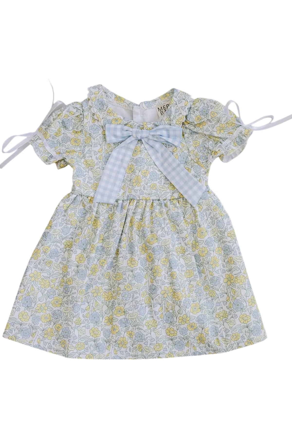 Light blue floral dress featuring a Peter Pan collar and short puff sleeves, adorned with a gingham bow at the front. Made from soft, breathable cotton, perfect for young children.