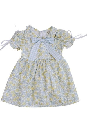 Light blue floral dress featuring a Peter Pan collar and short puff sleeves, adorned with a gingham bow at the front. Made from soft, breathable cotton, perfect for young children.