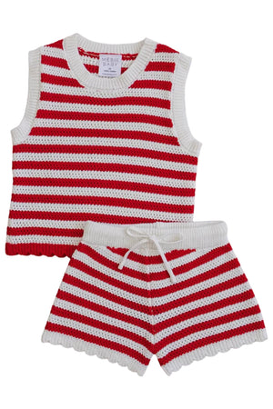 Red and white striped knit tank top and shorts set from Mebie Baby, made from soft cotton for toddlers. The scalloped edges add a playful touch to this comfortable outfit.