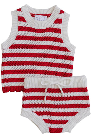 Red and white striped knit tank and bloomer set by Mebie Baby, made from soft, breathable cotton. Ideal for everyday wear, this playful outfit is perfect for baby girls.